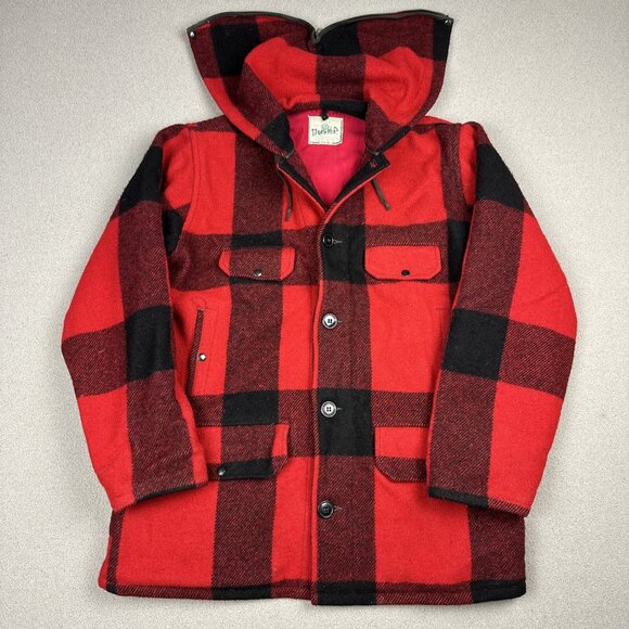 Vintage Johnson Woolen Mills Buffalo Wool Plaid Hunting Coat Size 42 USA Red 60s
